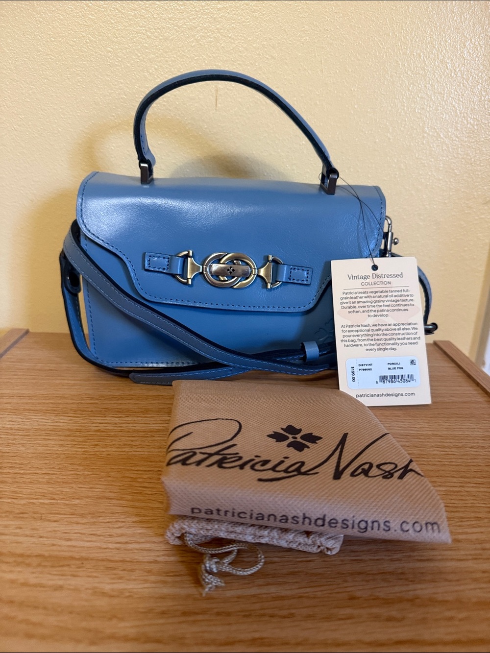 Patricia Nash Denim Blue Leather Top-Handle Crossbody with Gold Hardware